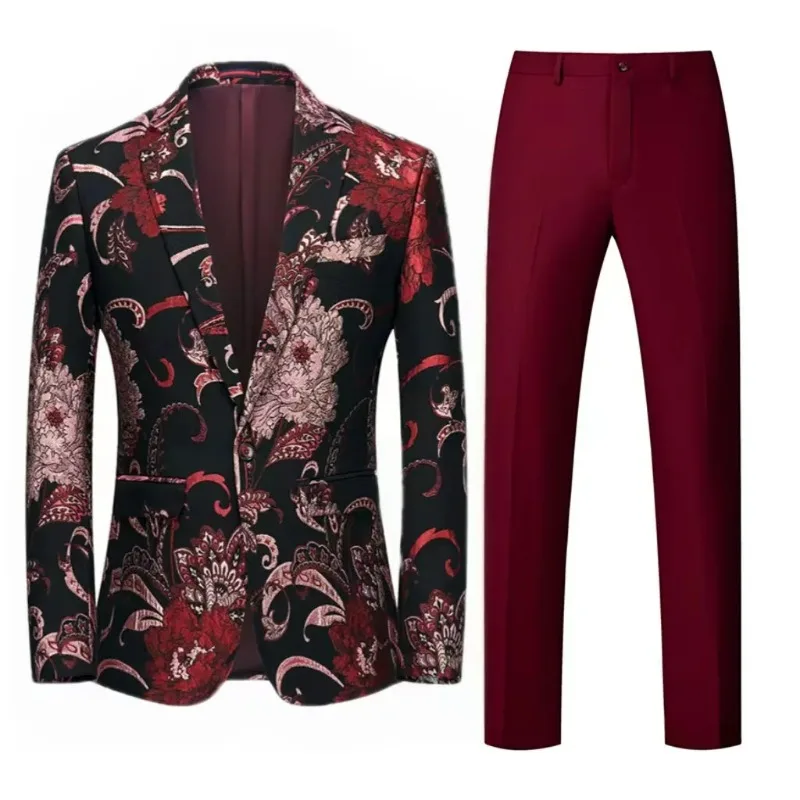 

KIDWHXR Man 2-piece Suit Outfit Fashion Printed Single-breasted Blazer Men Solid Color Pant Male British Style Slim Wedding Set