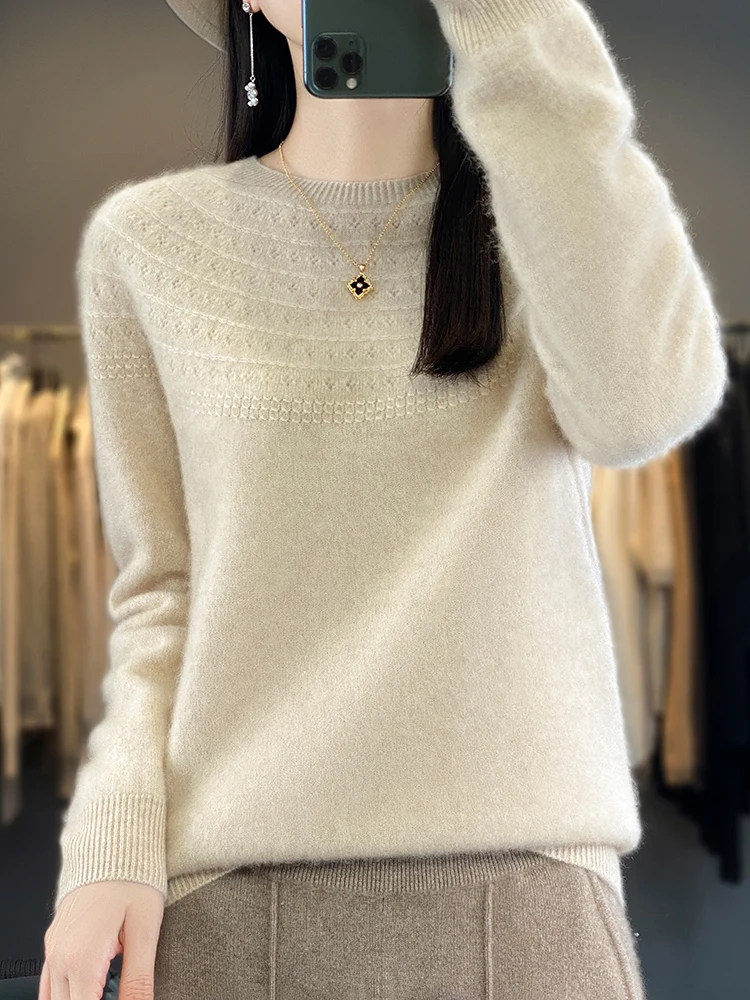 Women's Autumn Clothing O-Neck Hollow Out Pullover Sweater 100% Merino Wool Basic Casual Long Sleeve Cashmere Knitwear Tops 2024