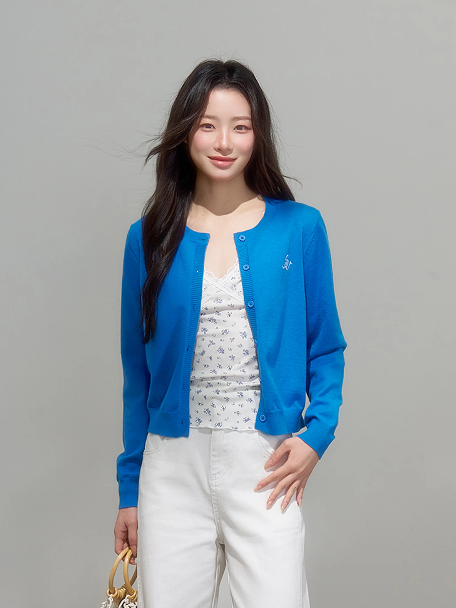 

INSLiiSA Весенний синий вязаный кардиган с открытым передом для женщин, облегающий, универсальный, с длинными рукавами, повседневная удобная верхняя одежда