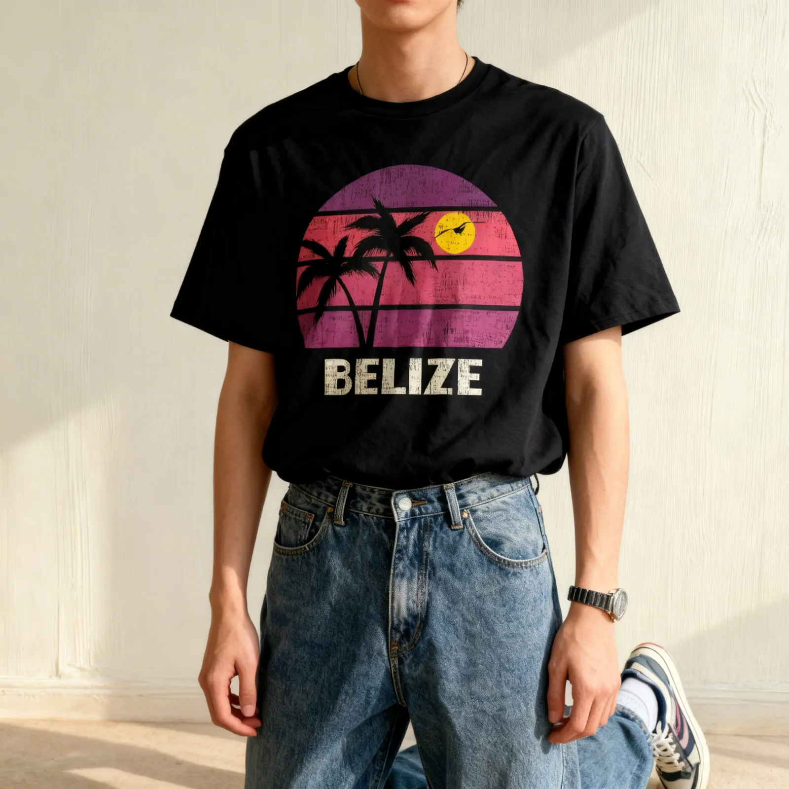 Belize Retro Surfer Beach Vintage Sunset Love T-Shirt