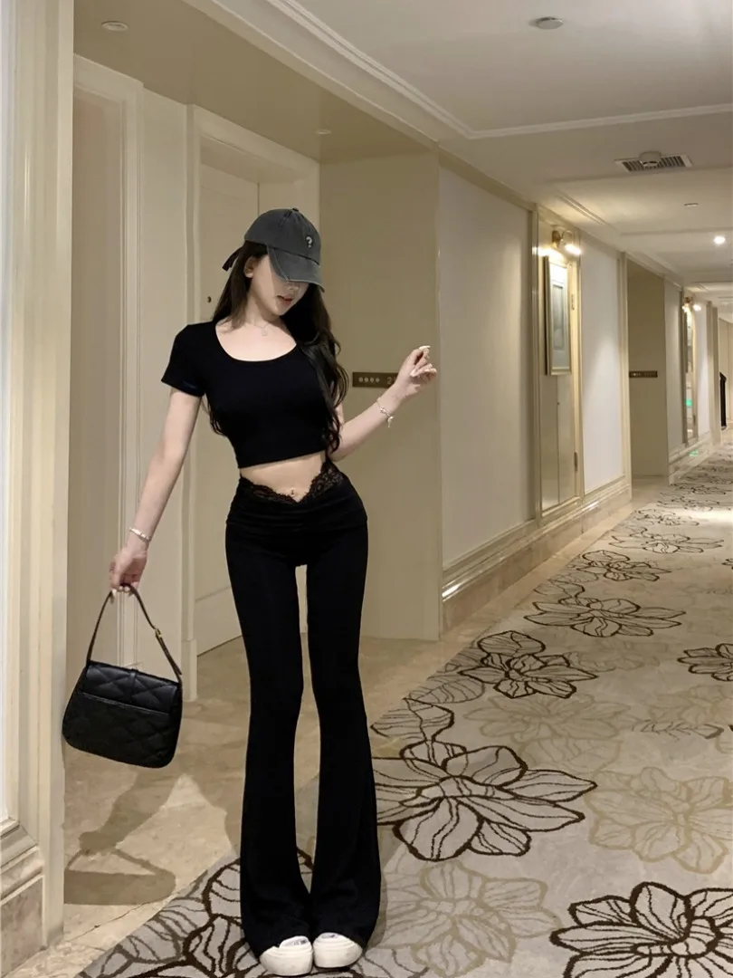 Low Waist Flared Pants Women's Casual Trousers Lace Patchwork Summer Black Slimming Bell Bottoms Floor Length Straight Leg