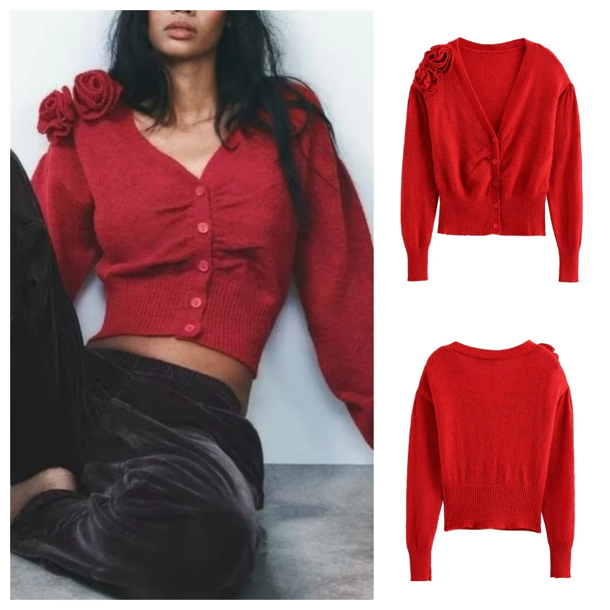 

European and American style new three-dimensional flower decoration V-neck single-breasted knitted cardigan women's fashionable