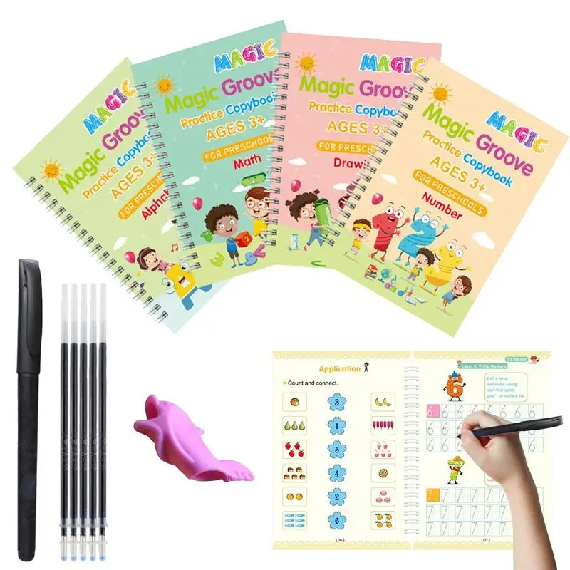 Grooved Handwriting Book 4pcs Magic Writing Workbooks With Pen Hold Aid Tool Preschools Tracing Book Letter Writing Copy Book