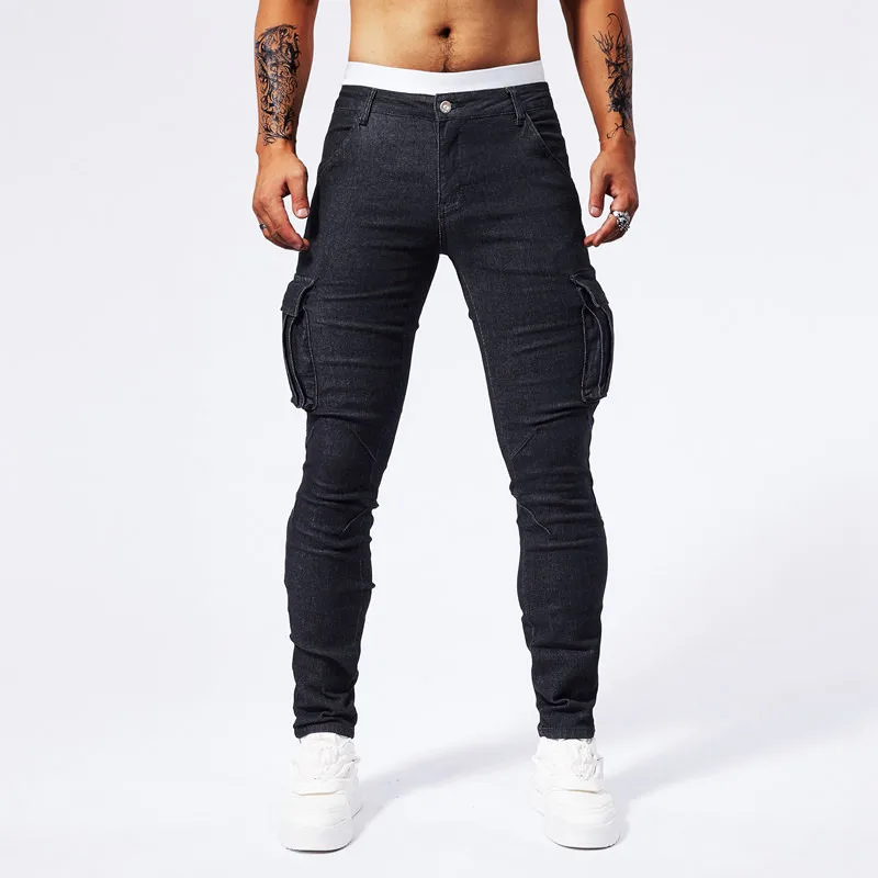 2024 New workwear style jeans men's tight, elastic, casual fashion summer men's multi pocket slim fit small feet pants