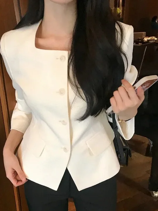 

Ele ort Chic Белая женская однотонная верхняя одежда свободного покроя с квадратным воротником и одной пуговицей для похудения на талии во французском стиле