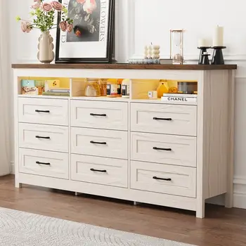 63吋寬臥室大抽屜櫃,農舍風格九抽屜櫃附LED燈,現代木抽屜櫃收納整理櫃 8 最佳銷售 抽屜櫃 - №3