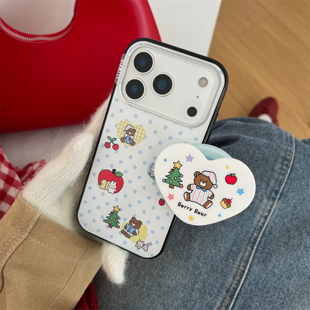 Korean Cute Cherry Bear Magnetic Phone Case for iPhone 17 Pro 14 15 16 Pro Max Cover For Magsafe Stand Cartoon Protective Cases