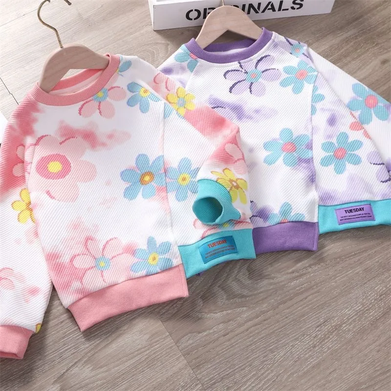2026 2-7T Long Sleeve Girls Sweatshirts Floral Printed Autumn Winter Children's Clothes Cute Baby Tops