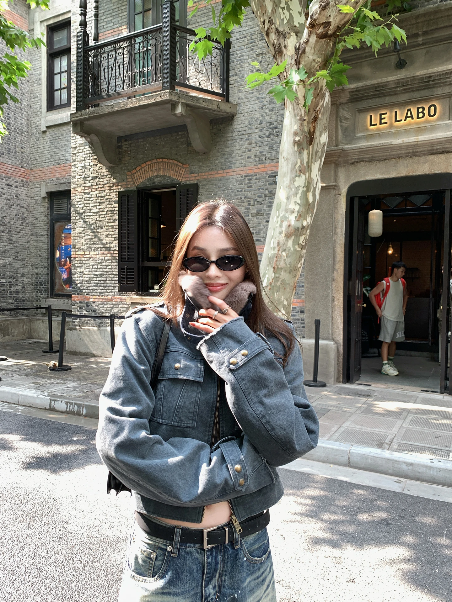 

NanaByNana Detachable Rabbit Fur Collar Denim Cotton Jaet Women's ort Sle Commute Slim Fit Cotton Fabric Autumn Winter