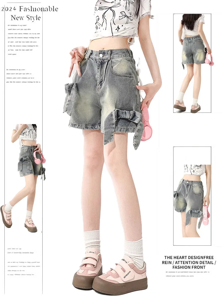 

Summer Women Harajuku Fashion 2000s Gyaru Bow Jean Shorts Coquette Dark Academia Loose Denim Pants Grunge Kpop Y2k Chic Korean