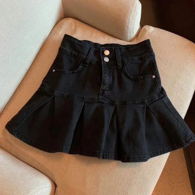 2023 Spring Autumn Girls Pleated Skirt Baby Denim Skirt Kids Skort Children Fashion Bottoms Ruched Soft 3-14Y Blue Skirt