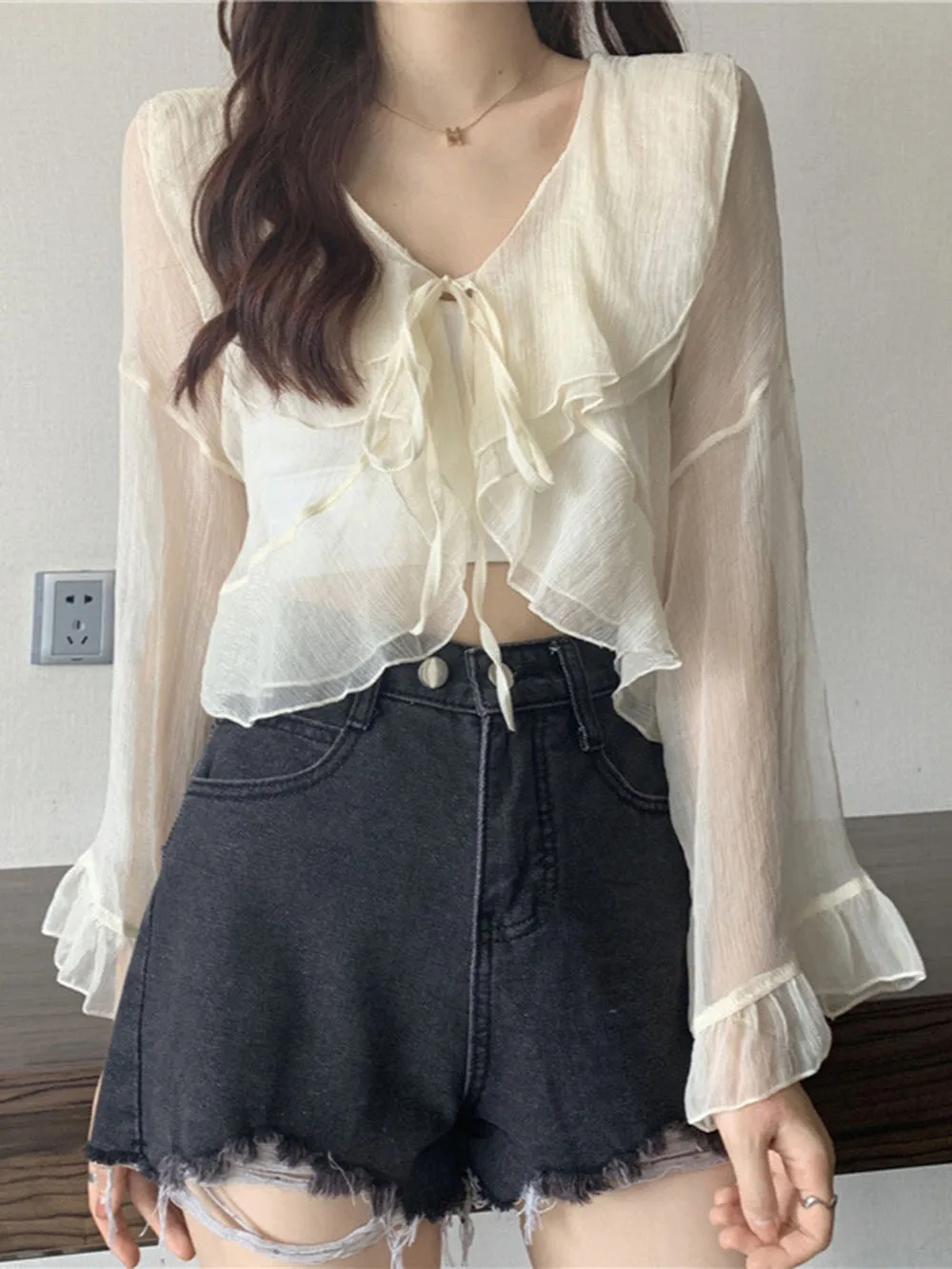 2024 Fairy Style Sun Protection Women's Flare Sleeves Ruffles Edge Lace Up Short  Shirt Top Versatile Outwear Small Shawl