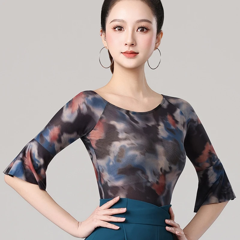 2025 dança latina topo feminino padrão nacional dança impressão manga curta topo chacha rumba tango trajes de dança moderna dql10627