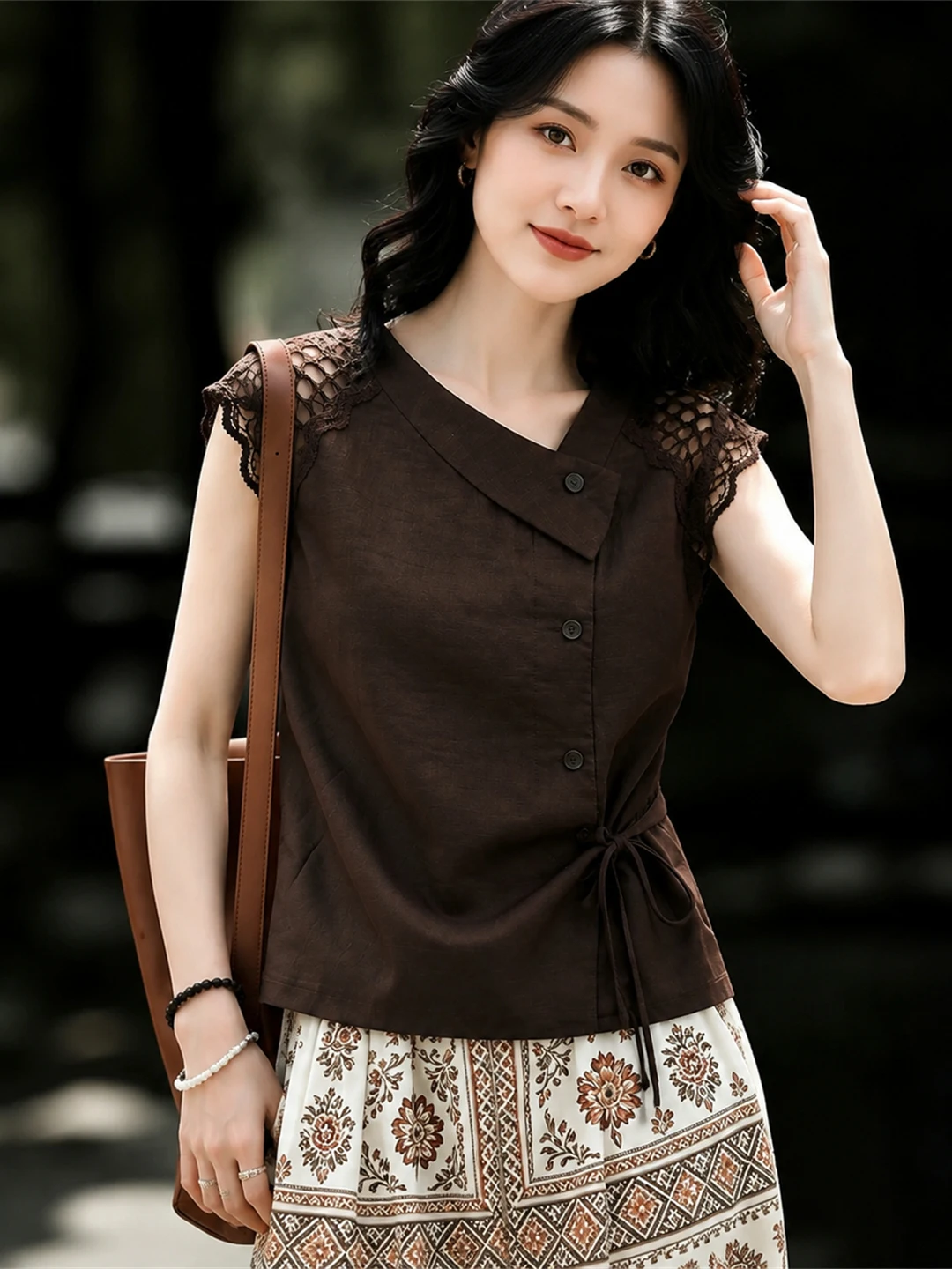 Fashionable Hollow out Shirt with Waist Cinching Asymmetrical Design Korean Style Silk Women's Top Summer 2026 Poetess Lin