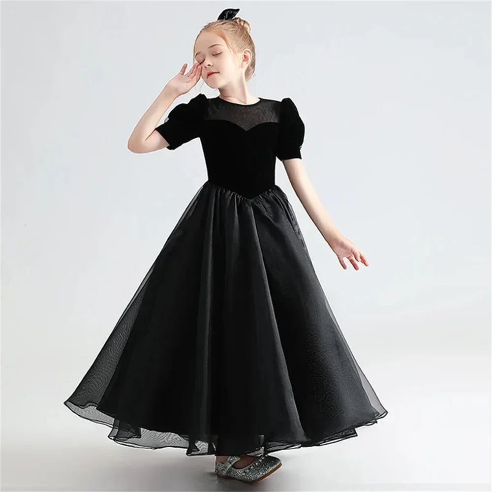 Flower Girls Dress Black O-Neck Ankle-Length A-LINE Child Birthday Party First Communion Holiday Wedding Gown