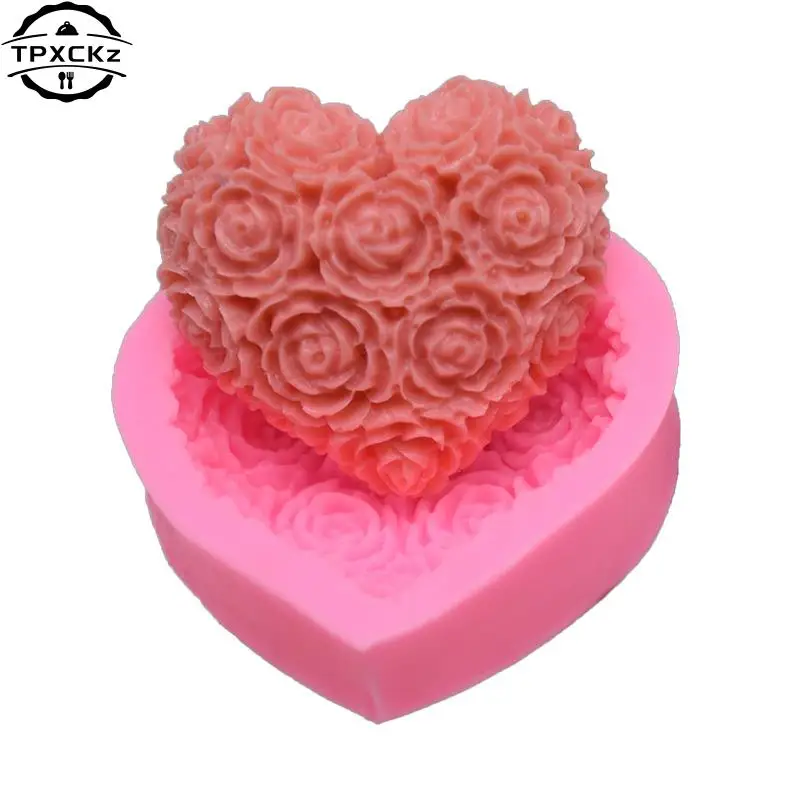 1pc Silicone Rose Flowers Fondant Chocolate Mould Heart Love Soap Mold Candle Polymer Clay Molds Crafts DIY Forms Base Tool