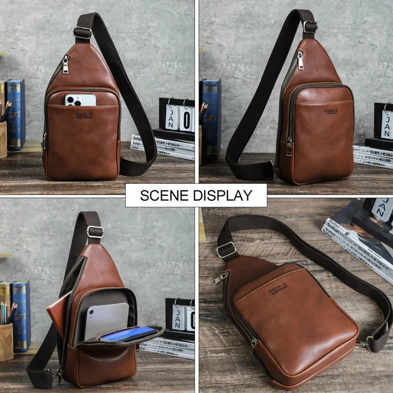 Leather Fashion Casual Men's Crossbody Bag Mini Backpack Mobile Phone Pocket Multifunctional Leather Men's Breast Bag