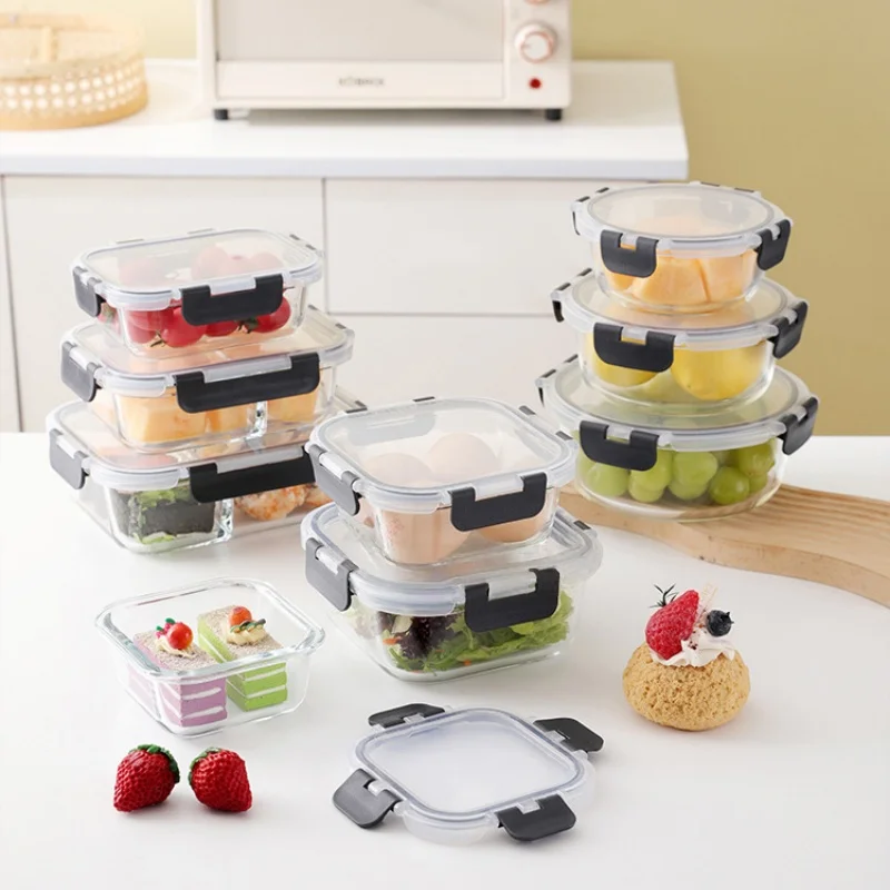 Glass Food Storage Containers Clear Heatable Lunch Box Leakproof Covered Glass Bowl Fruit Vegetable Containers Kitchen Accessory