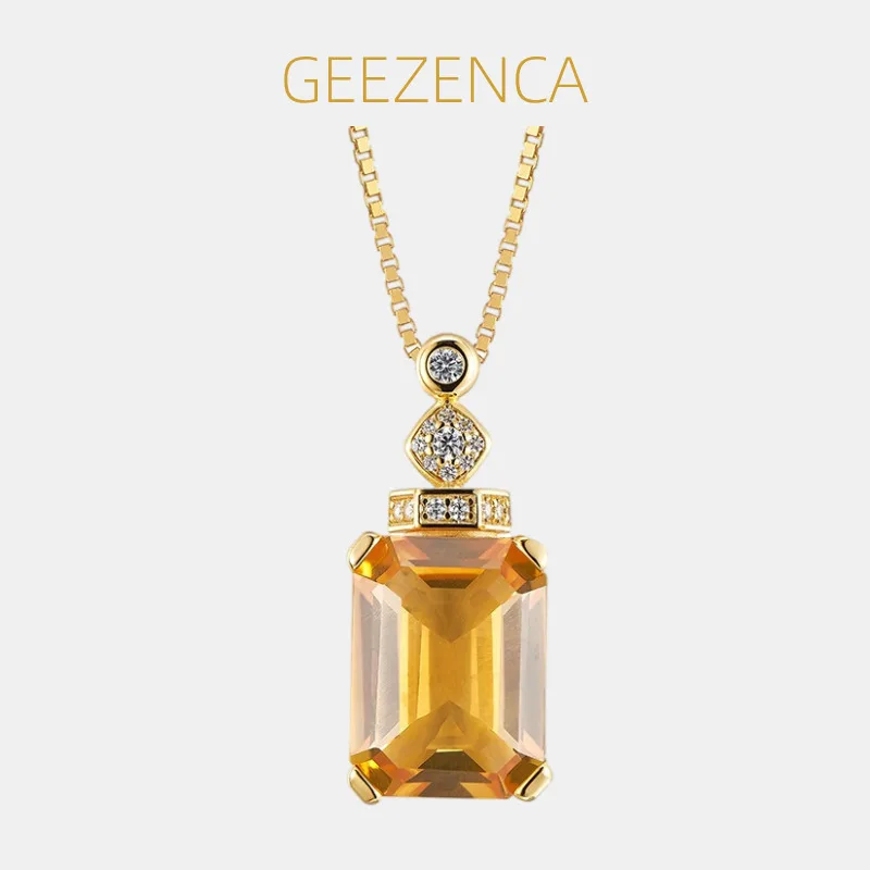 

GEEZENCA Natural Citrine 925 Silver 3D Bottle Pendant For Women Gold Plated CZ Geometric Dainty Necklace Pendants Without Chain