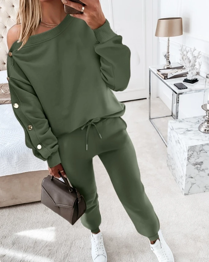 

Two Piece Set Women Outfit 2024 Autumn Fashion Skew Neck Buttoned Long Sleeve Sweatshirt & High Waist Casual Cuffed Pants Set