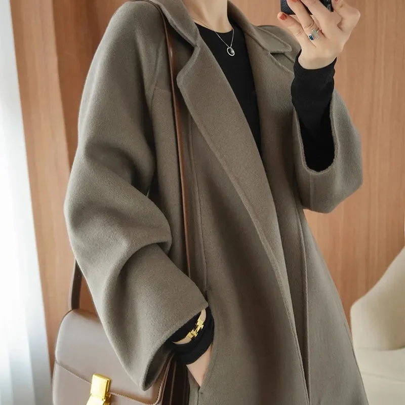 Autumn Winter Women Woollen Trench Coat Fashion Open Stitch Outerwear for Office Lady Solid Turn-down Collar Long Coats