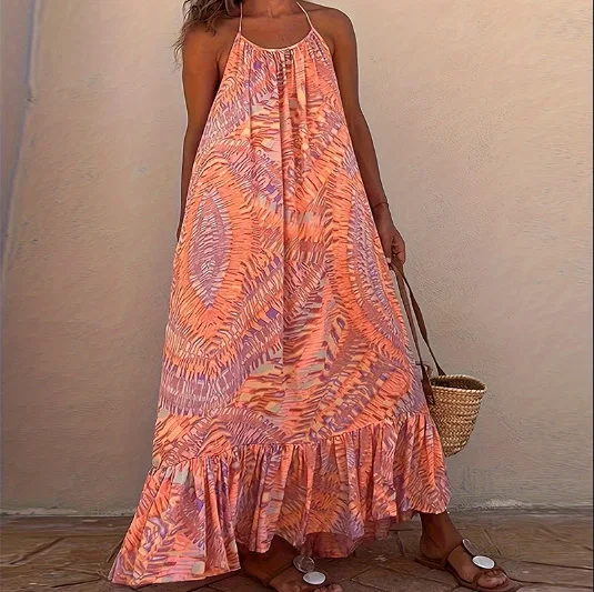 

Sexy Boho Print Dress Women Fashion Halter Tie Big Hem Backless Long Dresses 2024 Summer New Beach Resort Style Women Clothing