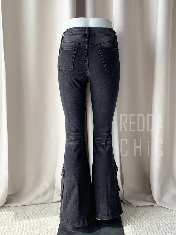 REDDACHiC Czarne Dżinsy Cargo z Niskim Stanem w Stylu Lat 2000, Postarzane z Efektem Uszczuplenia, Wielokieszeniowe, Elastyczne Spodnie Bootcut Damskie Retro Grunge Streetwear — zdjęcie 7