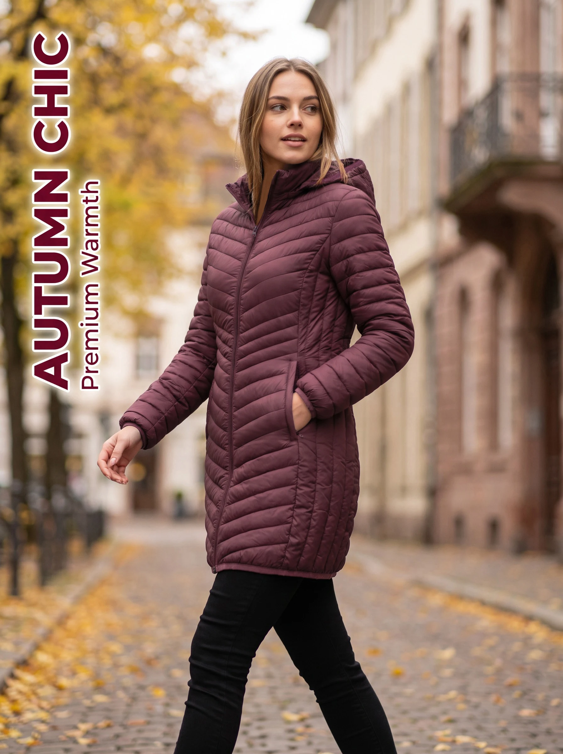 Women's winter ultra light padded cotton jacket with detachable hood, solid color jacket, lightweight mid length parka