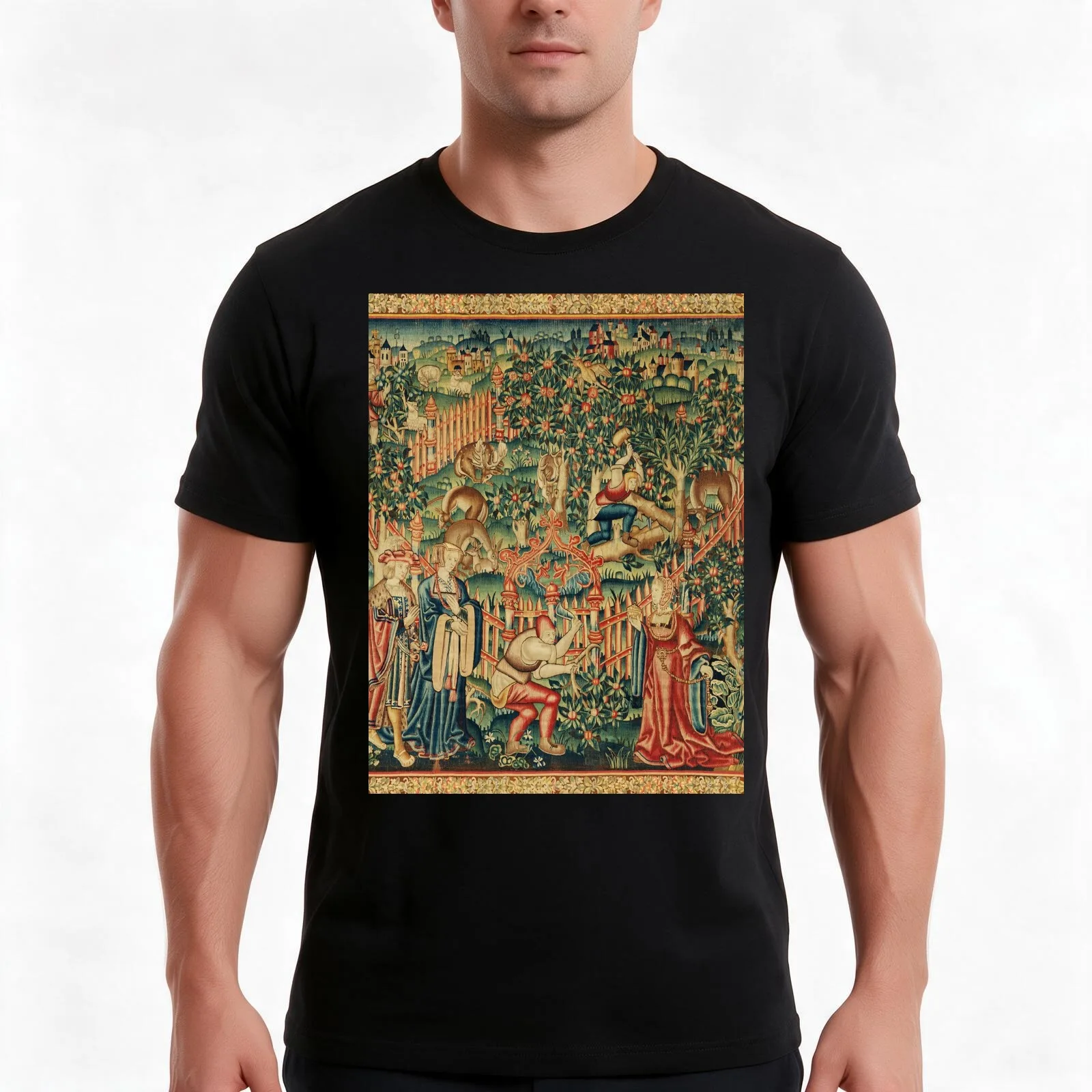 WOODCUTTERS WORKING ON A DEER PARK Antique Hunting Tapestry T-Shirt Summer Casual Cotton Tee Oversized Streetwear Tops