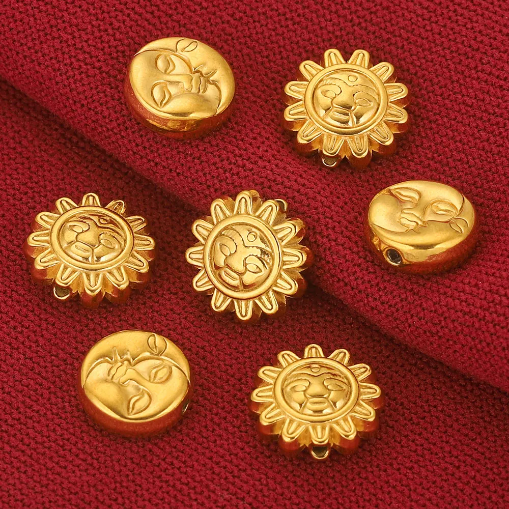 5PCS Stainless Steel 15MM Large Gold Plated Smiley Sun Moon Bead Spacer Metal Beads for Needlework Jewelry Making DIY Bulk