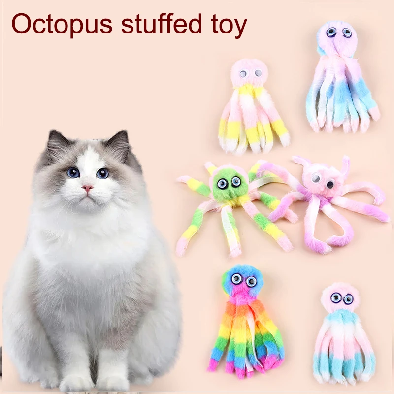 Cat Toys Cute Cartoon Octopus Plush Toy Bite Resistant Teeth Interactive Cat Toys Teasing Sticks Changing Heads Pet Supplies