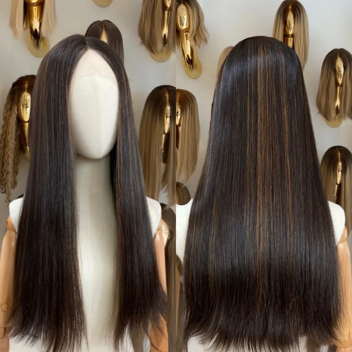 

Ready To Wear Brunette Wigs with Chocolate Brown Highlights Natural Straight Synthetic Lace Frontal Wigs 13*4High Definition Wig