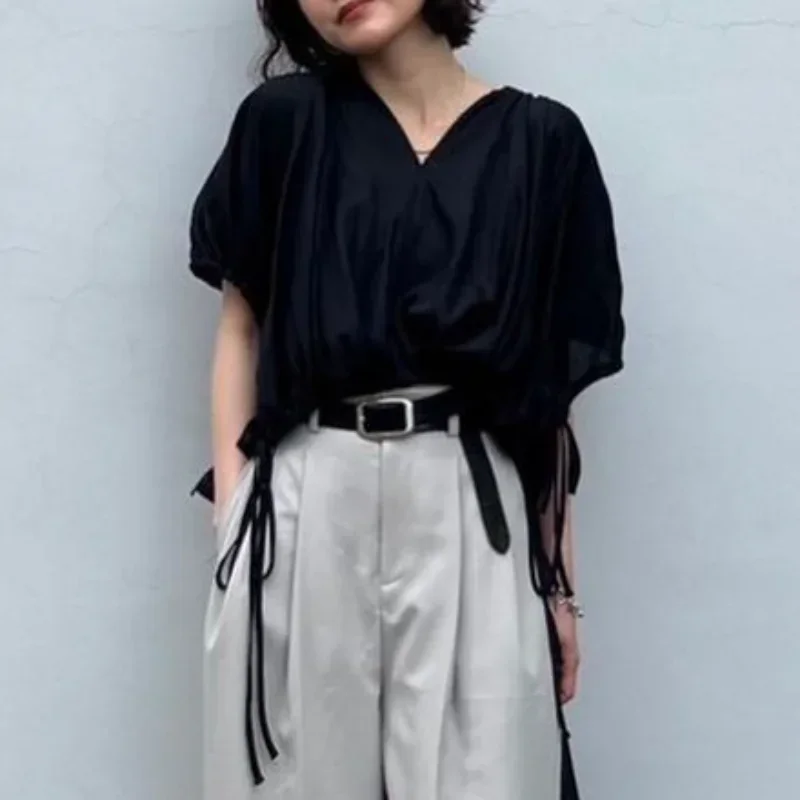 

Japan Lazy Style Blusas Drawstring Bandage Bow Shirts & Blouses Moda V-neck Camisas Loose Ropa Mujer 2025 Summer New Tops