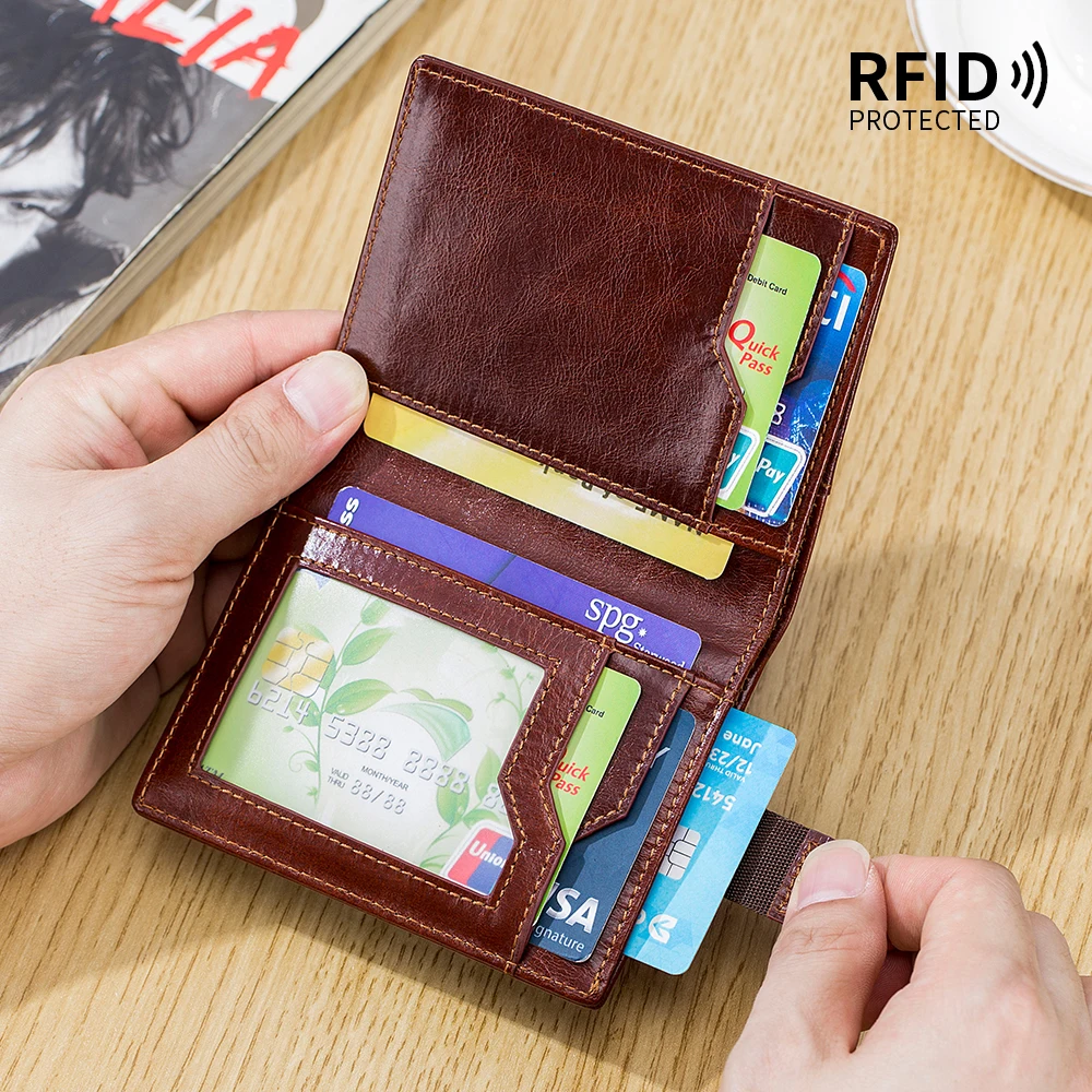 Retro Cowhide Ultra Thin Short Men's Wallet RFID Multi Card Pull Men's Card Bag Genuine Leather Fashion Zero Wallet Soft Leather