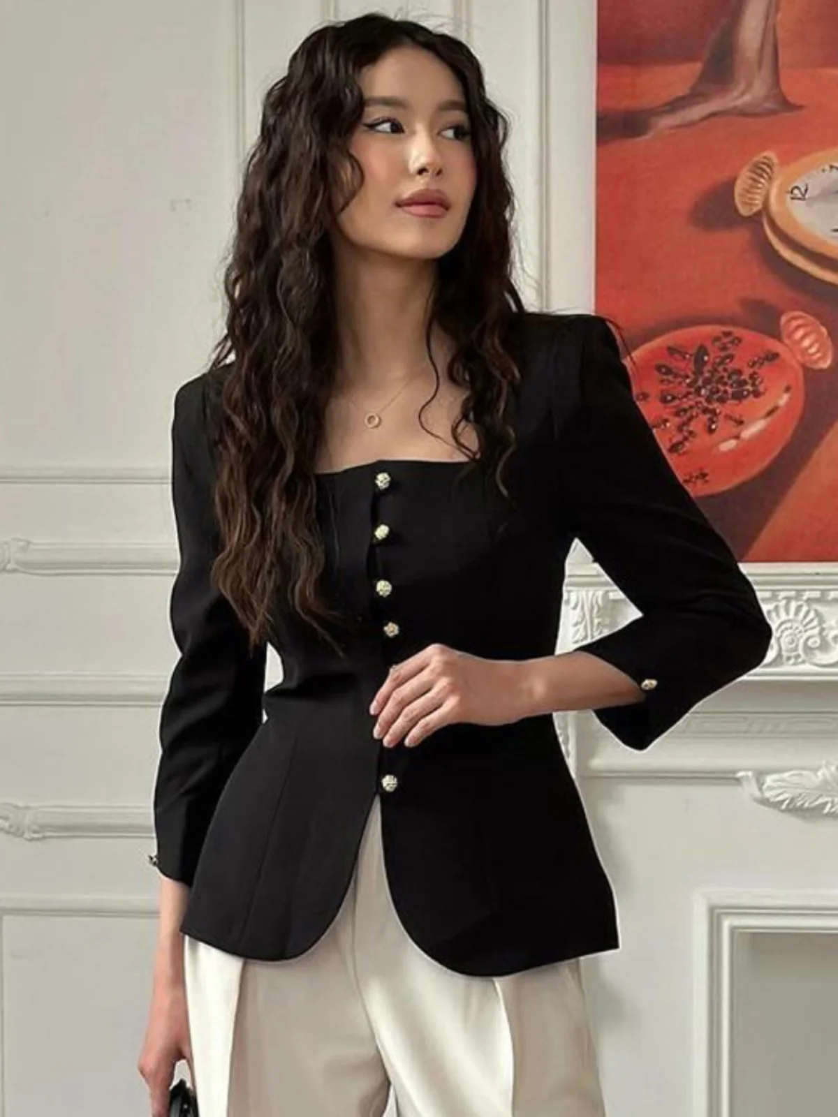 

Ele Осенний приталенный женский жакет с квадратным воротником, закрывающая талию верхняя одежда для поездок на работу Long Sve обычной длины