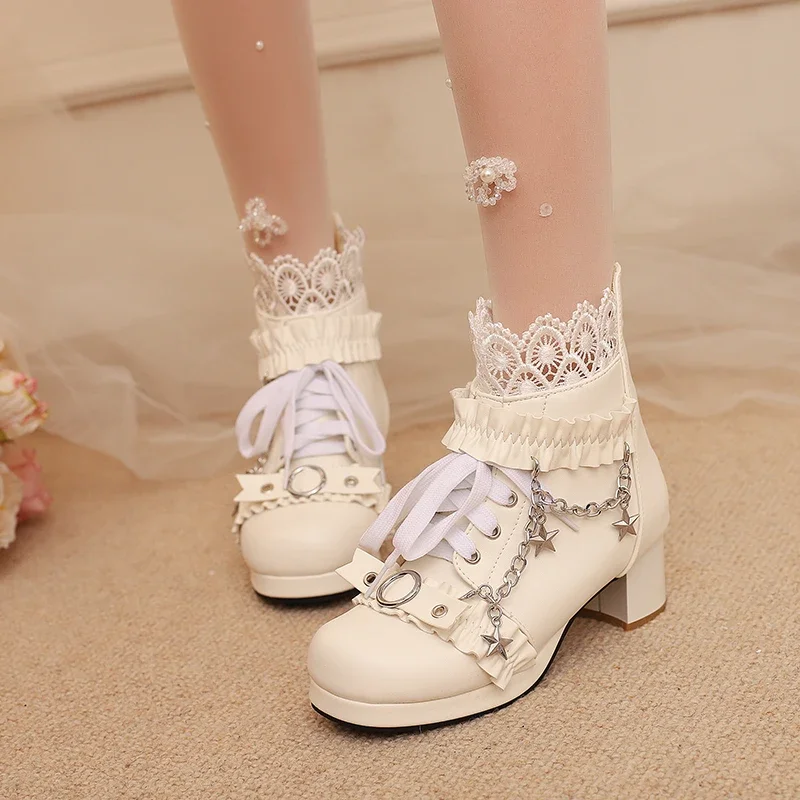 

Women Cute Lolita Boots Chunky Mid Heel Ankle Boots Punk Style Platform Lace Up Side Zipper Booties with Chain Star Pendant