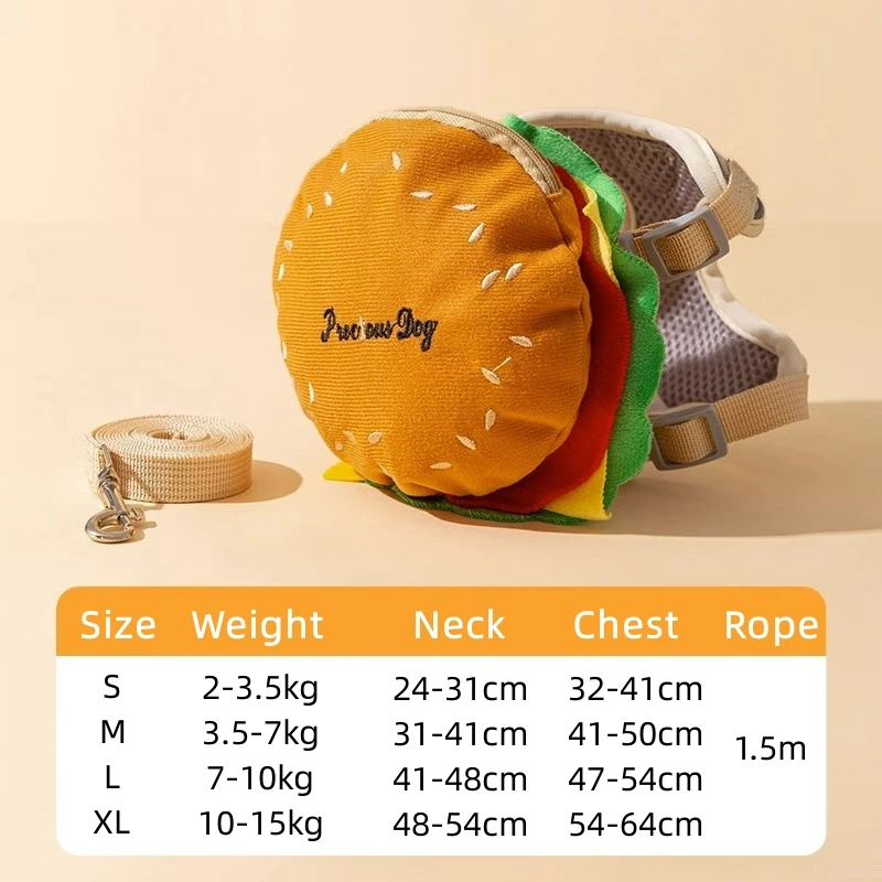 Cartoon Hamburger Chips Design Adjustable Vest Leash Rope for Cats and Dogs, Walking Tow Rope with Backpack, Escape Proof Vest