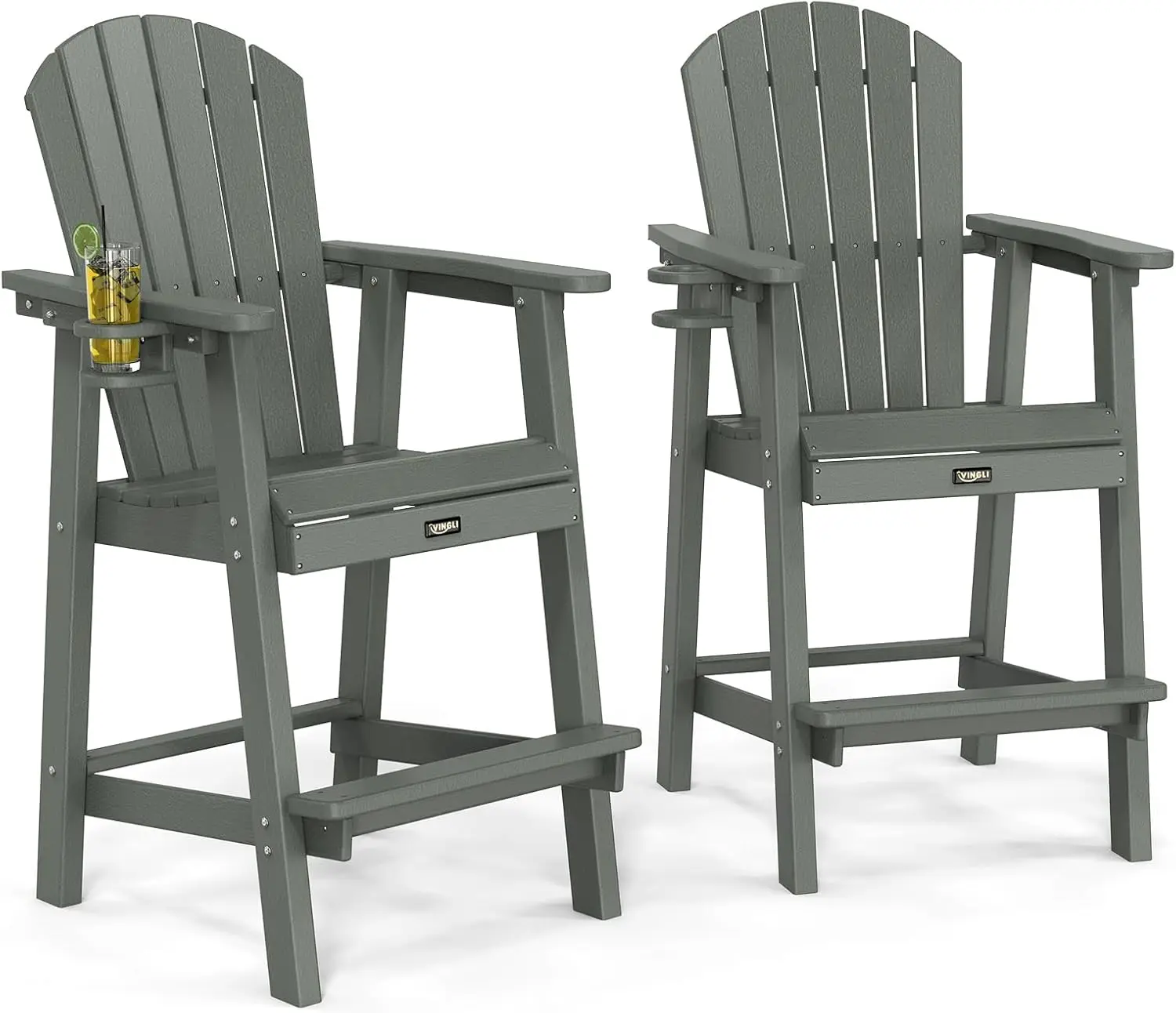 

Tall Adirondack Chairs Set of 2 HDPE Adirondack Bar Stools with Cup Holders, 350LBS Capacity (Gray, 2 PCS) Bar Chairs