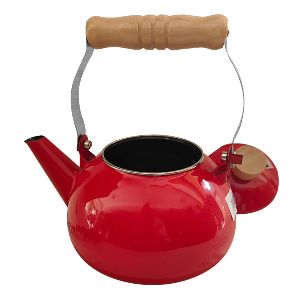 

1.5L Enamel Tea Kettle Stove Top Pot Wood Handle Electric Cooker Red Round Enameled Water Kettle Teapot Retro Style