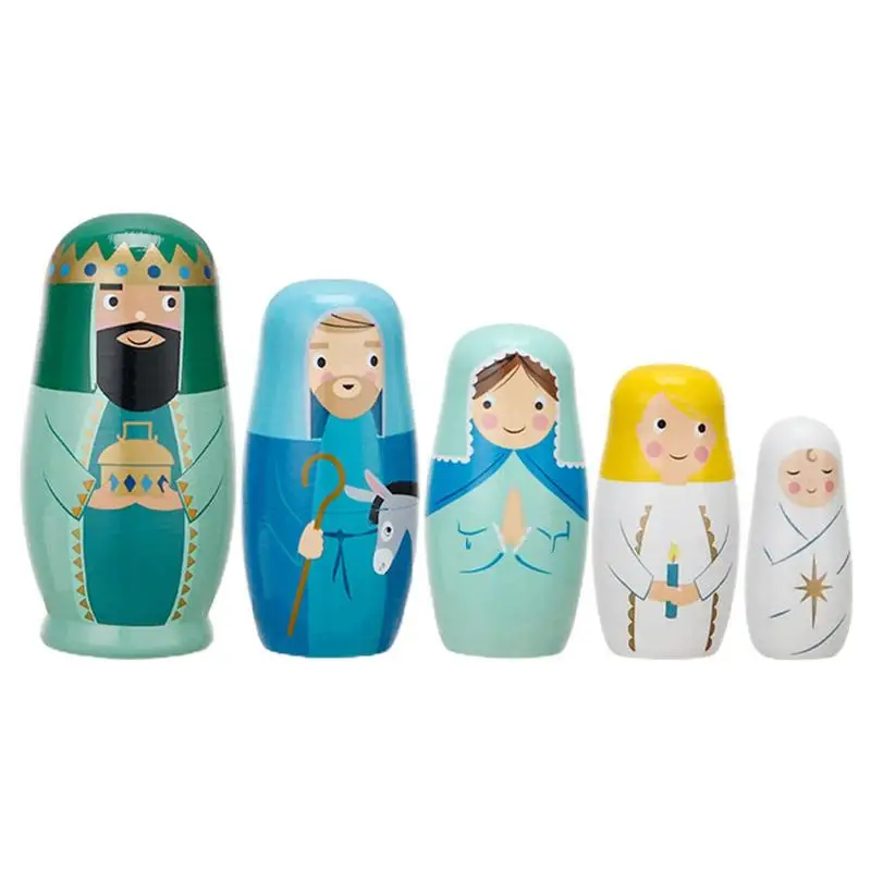 Jesus Nesting Dolls 5Pcs Wooden Russian Nesting Dolls Jesus Nesting Nativity Set For Kids Matryoshka Dolls For Wedding Party