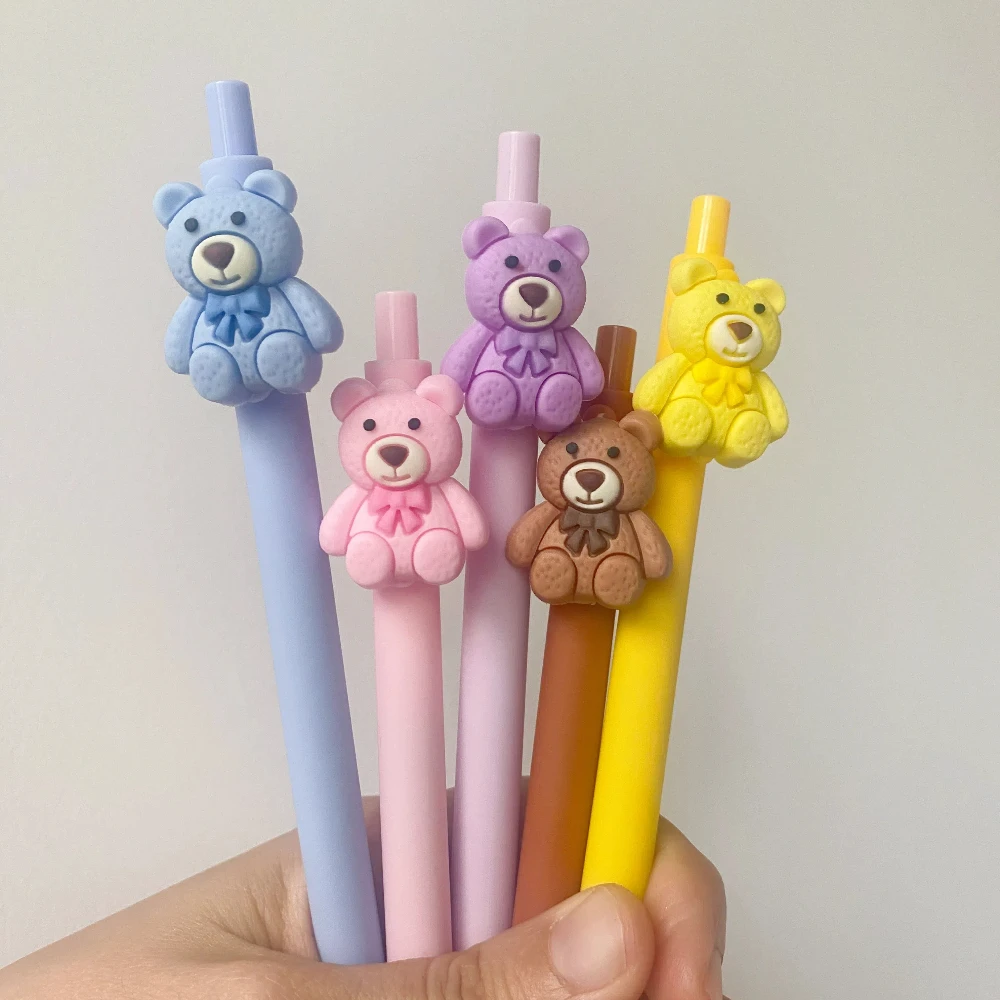 

5Pcs Bear Gel Pens 0.5 mm, Black Ink Retractable Printing Pens for Office Back to School Supplies
