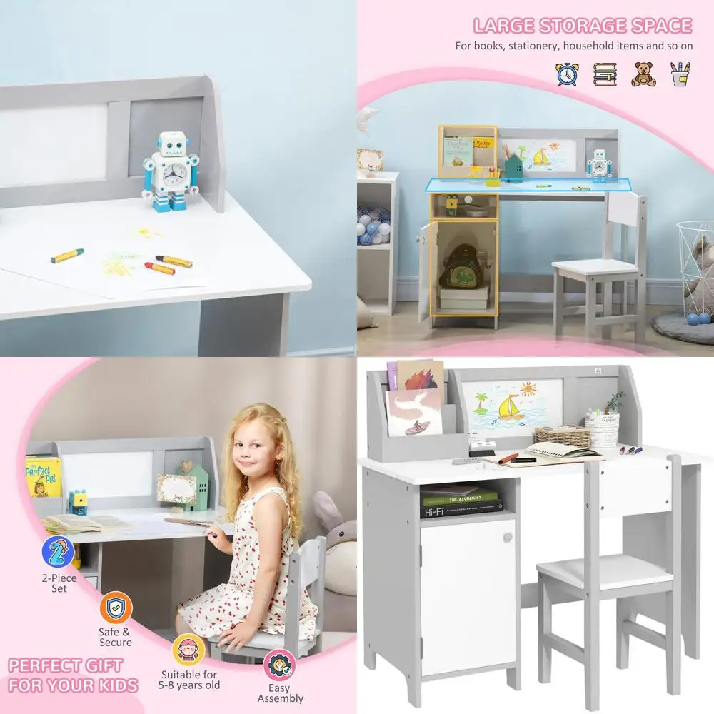 

Children's Study Desk with Whiteboard, Storage, and Chair Set in Gray - Perfect for Arts and Learning