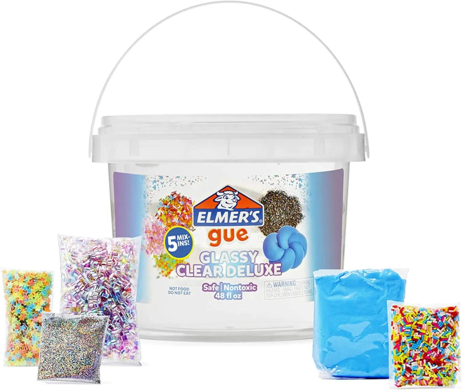 

Clear Premade Slime Bucket 3lb with 5 Add-ins Sets, Glassy See-Through, Non-Toxic Fun