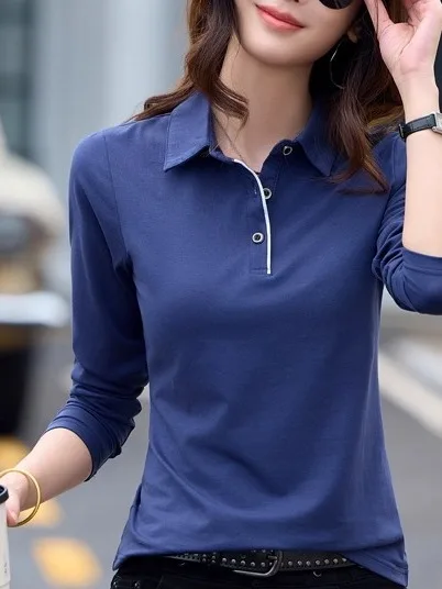 Slim Fit Long Sve T-irt Primavera Outono Puro Algodão Gola Faionable Coreano Sle Versátil Cor Blo Top para Mulheres