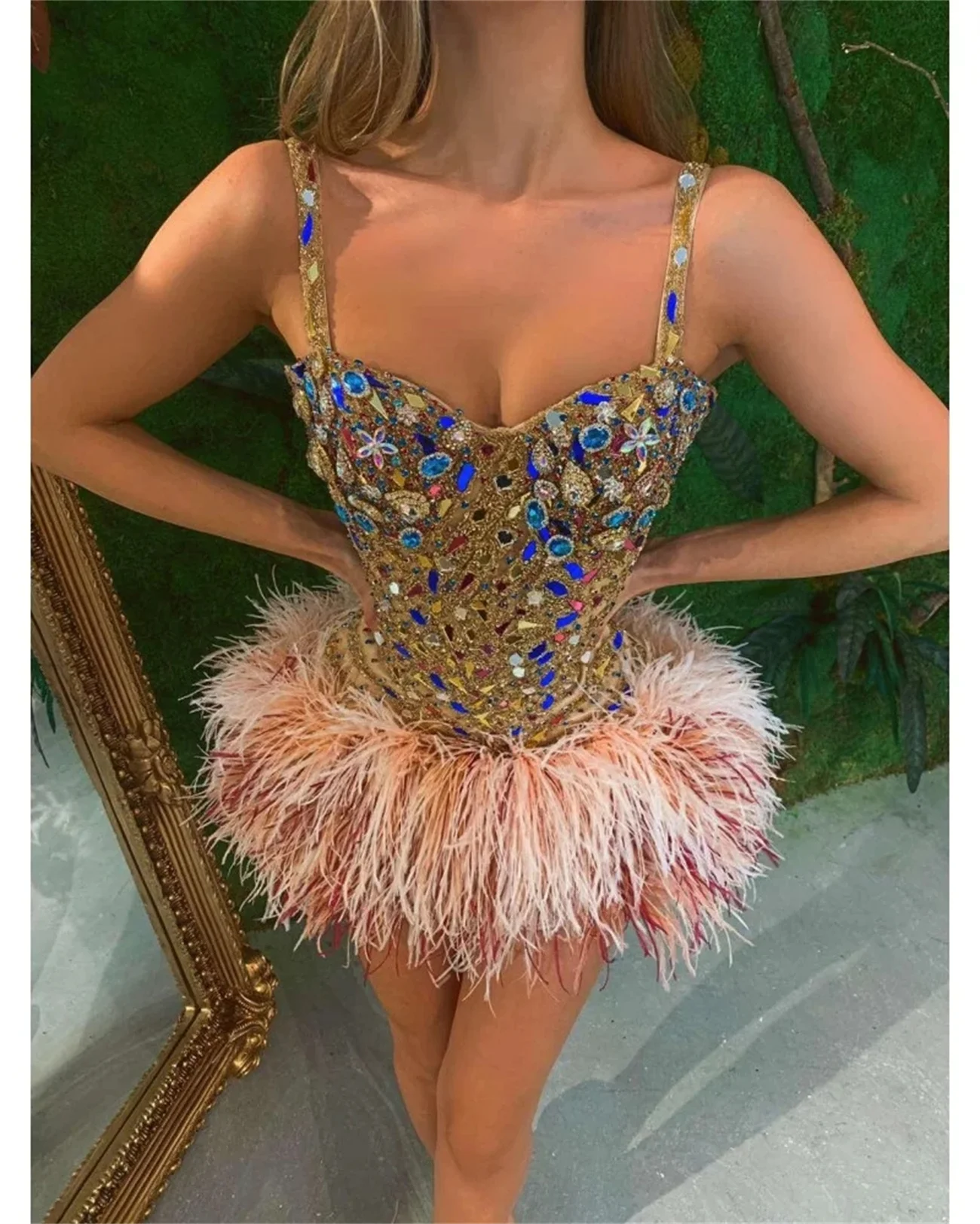 Gorgeous Cocktail Dress Diamond Suspenders Mini Prom Party Gown Classic Colored Gemstones Lace Pink Feathers Elegant New Style