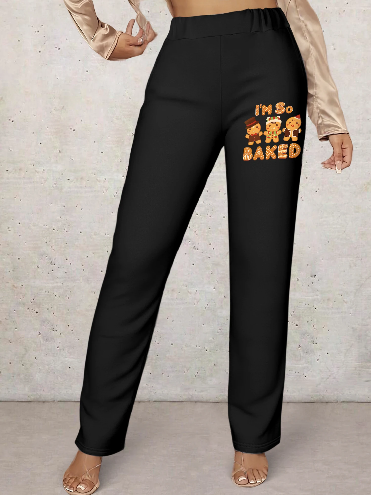 

Christmas Gingerbread Man "I'm So Baked" Print Pants, High Waist Casual Trousers, Elastic Waist Holiday Fun Outfit