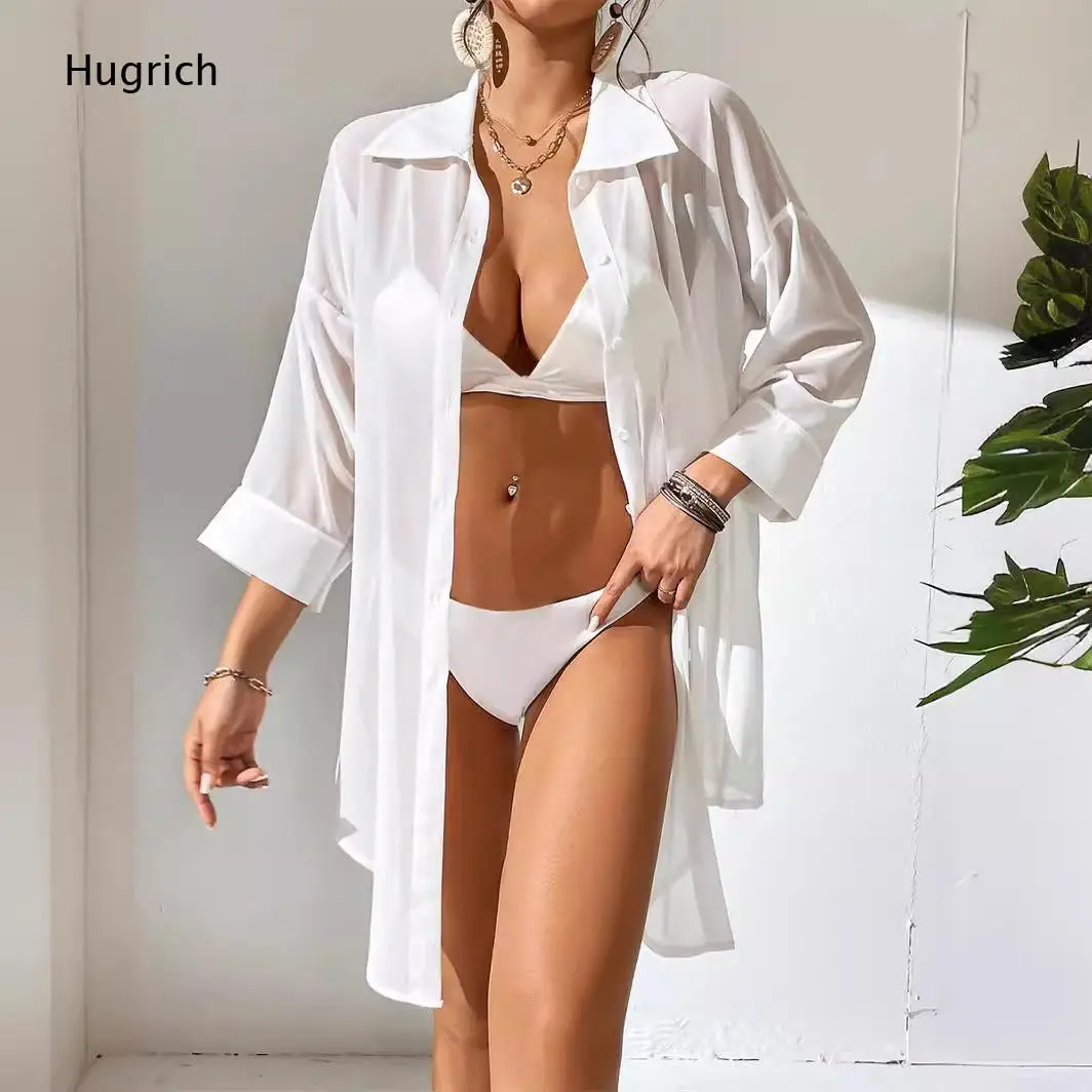 Solid White Oversized Shirt Beach Cover Up Collared Three Quarter Cuff Sleeve Button Down Loose Sheer Swim Outer Tunic