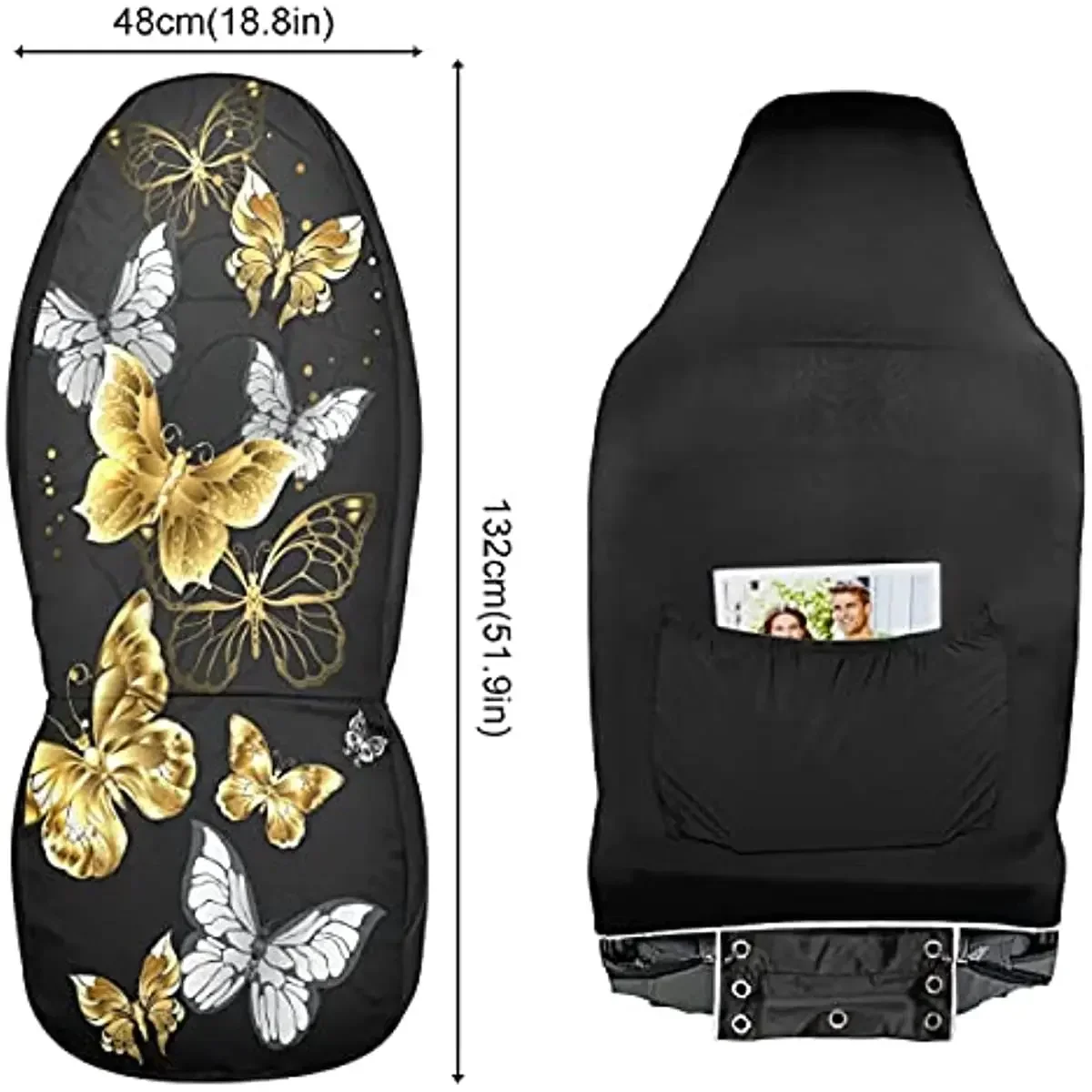 Oarencol Gold White Butterflies Black 2 Front Car Seat Covers Bucket Seats with Organizer Pocket for Vehicles Sedan