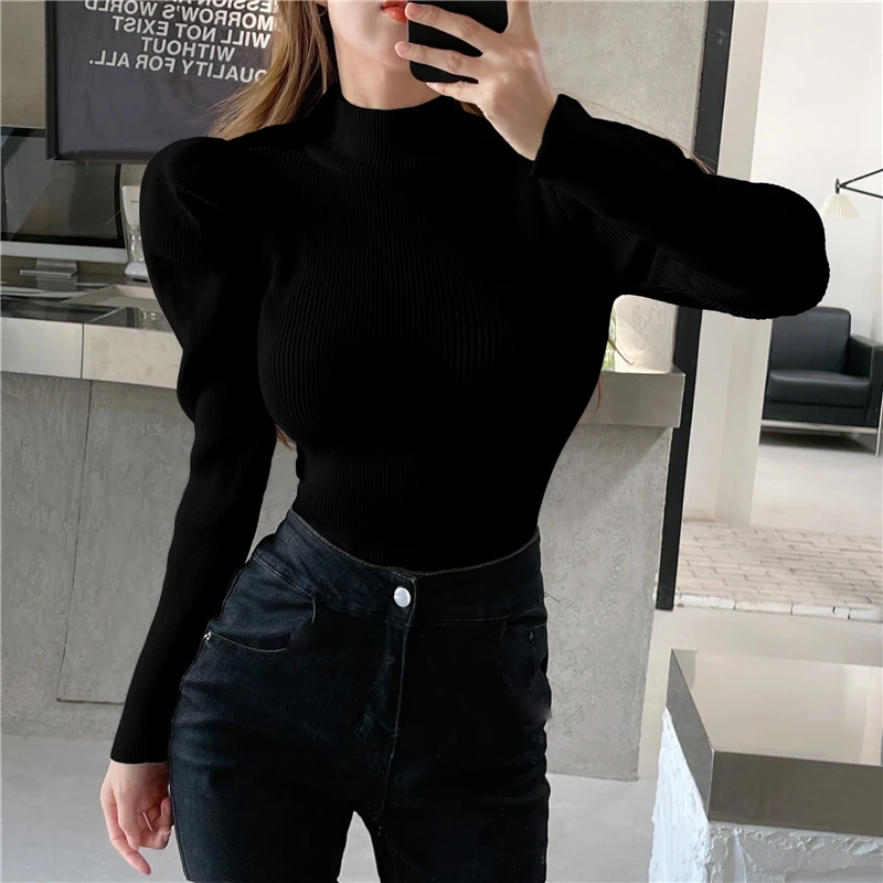 Vintage Puff Long Sleeve Turtleneck Knitted Sweater Pullovers Girls Solid Stretchy Streetwear Winter Thick Tops Jumpers Women