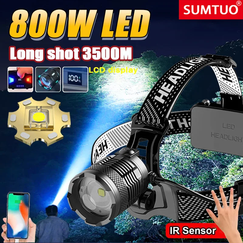 

2024 Newest Powerful LED Headlamp 800W LED IR Sensor Rechargeable Headlight 3500M Super Bright Head Flashlight Fishing Lantern